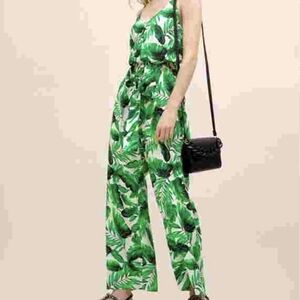 Scoop Wome'Green Palm Leaf Wide-Leg Jumpsuit Size M